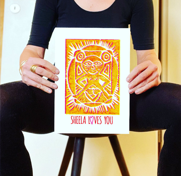 Sheela Loves You - Linolschnitt Druck - gelb mit Ruth Jung